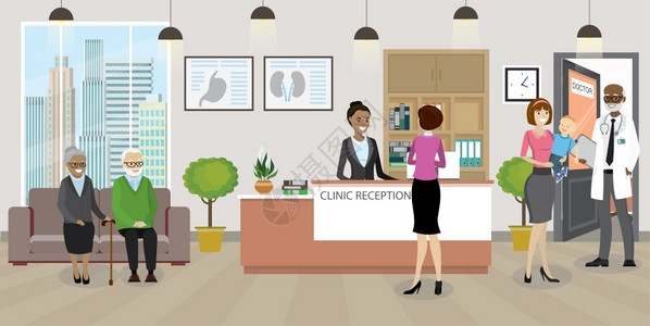 非洲女接待员和病人排队气压式病媒图示现代医疗诊所内装家具的接待处背景图片