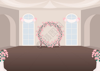 婚礼堂彩色矢量插图新娘仪式礼堂派对花饰2d室内卡通图片