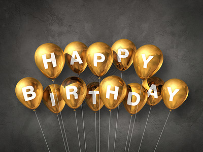 3d生日素材混凝土背景的金生日快乐气球3d插图金生日快乐气球混凝土背景的气球背景