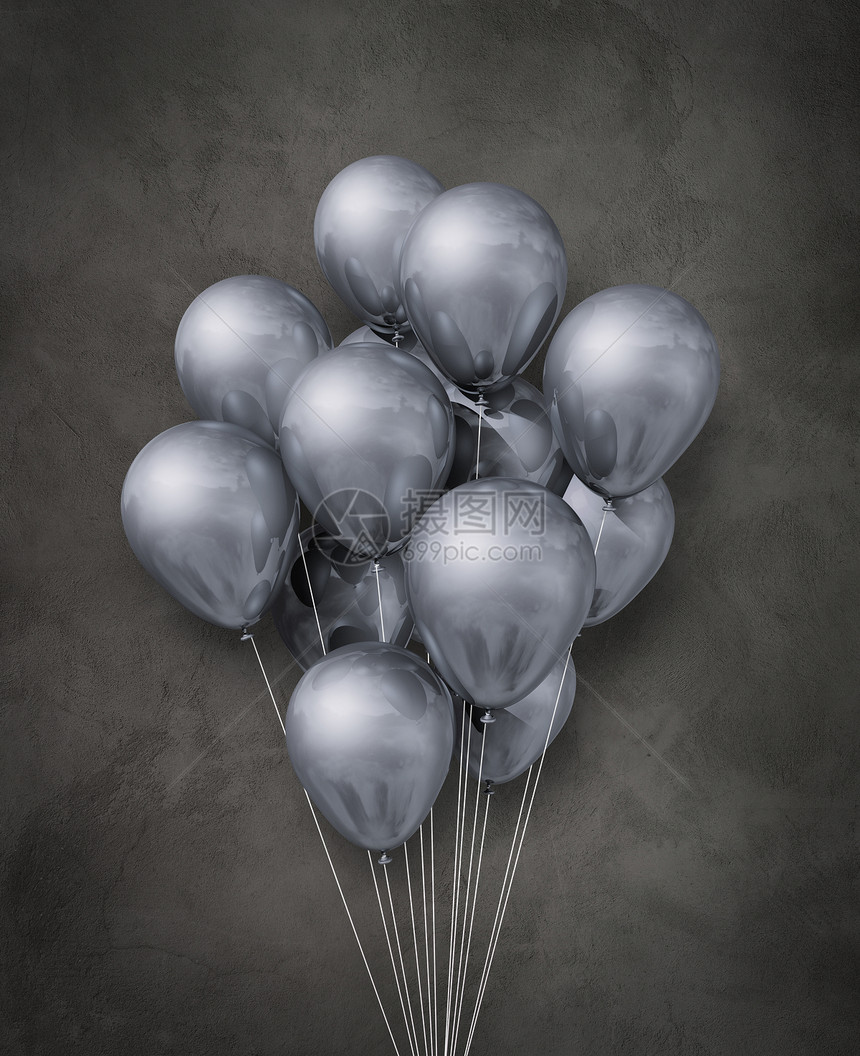 黑色混凝土底面的银金属空气球组3d示例混凝土底面的银金属空气球组图片