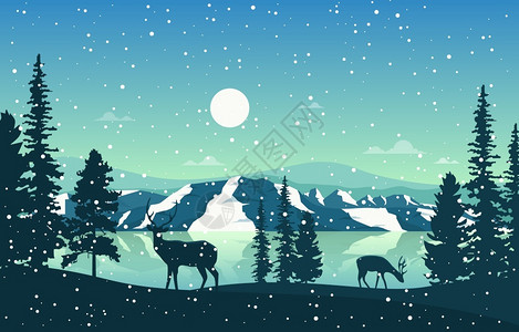松林湖雪冬季雪松山湖鹿自然景观图插画