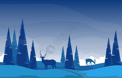 冬季雪松山鹿自然景观图图片