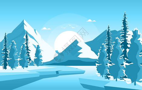 松林湖雪冰冻湖泊自然景观图插画