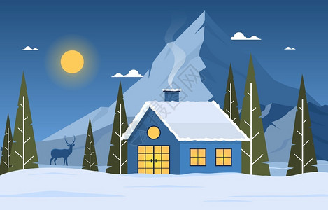 焦作假日山庄冬季雪松山庄夜间自然景观图插画