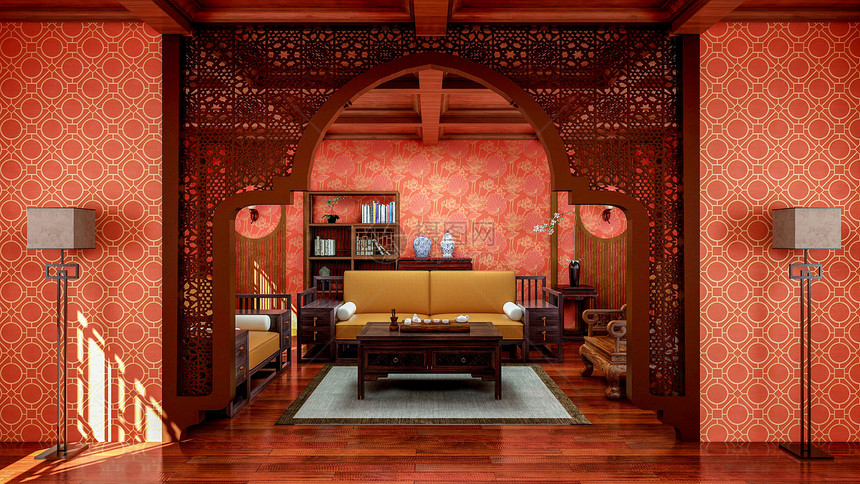 传统式客厅内有家具和木地板3D图片