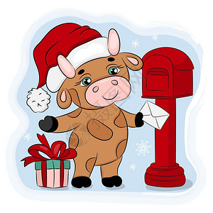 圣诞节邮件模板圣诞节可爱的牛发送圣诞节邮件插画