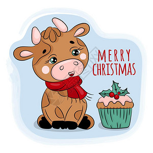 圣诞节可爱的牛和蛋糕矢量插画图片