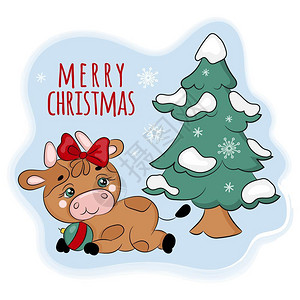 圣诞节可爱的牛与圣诞树矢量插图图片