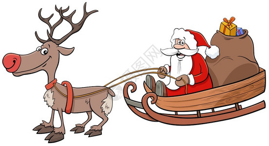苏达克在雪橇上用袋装礼物和驯鹿的圣达克萨斯诞节人物的漫画插图插画