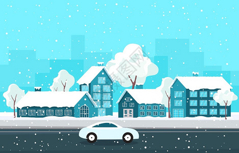 村庄街道冬季雪树城市房屋景观图插画