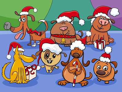 圣诞时可爱狗和小动物人团体的漫画插图背景图片