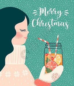 圣诞节和新年快乐插图与可爱的女人流行回溯风格矢量设计模板图片