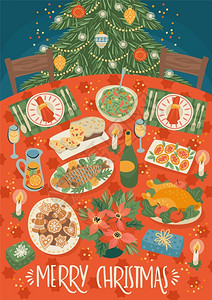 圣诞节餐圣诞节和新年快乐圣诞节桌日餐时变换风格矢量设计模板圣诞节桌日餐插画