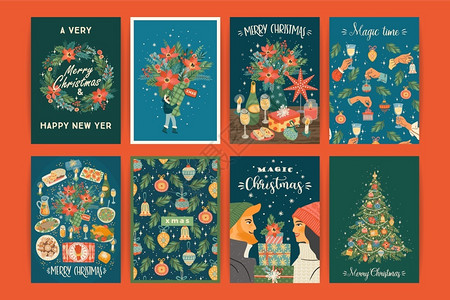 复古圣诞节海报一套圣诞节和快乐的新年插图时态回溯风格矢量设计模板插画