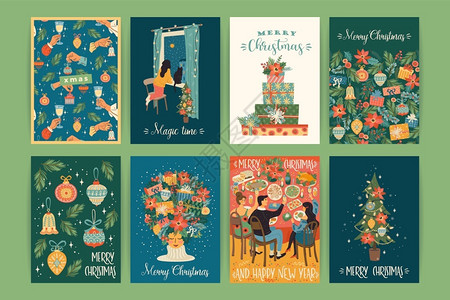 一套圣诞节和快乐的新年插图时态回溯风格矢量设计模板图片