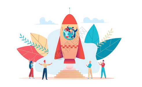 青年商业团队发射火箭启动比喻团队办公室工作合和商业机会的概念图片