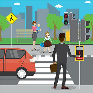 行人红绿灯过马路矢量图背景图片