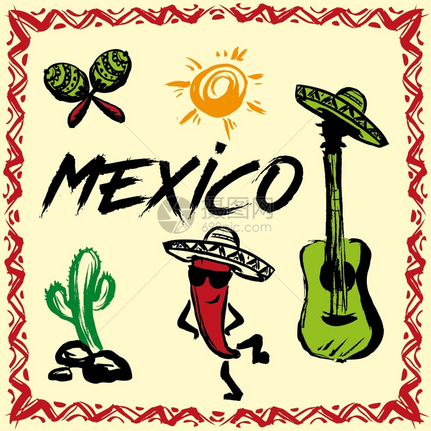 带有传统符号手画矢量插图的有趣墨西哥背景带有传统符号的趣墨西哥背景图片