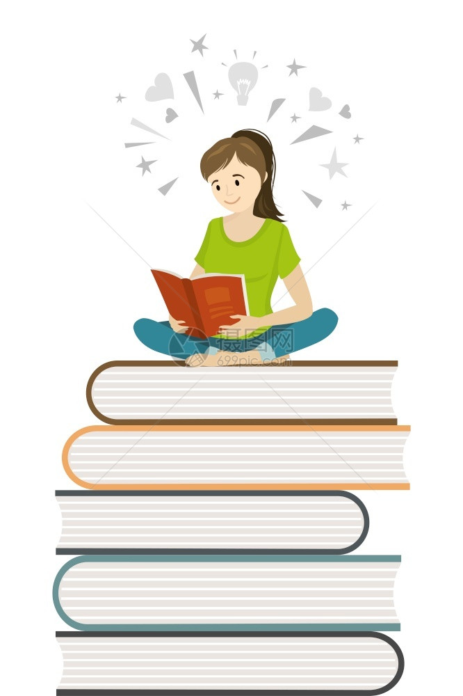 卡通少女少年坐在书上看书学习过程概念平面矢量插图卡通少女少年坐在书上看书学习过程图片