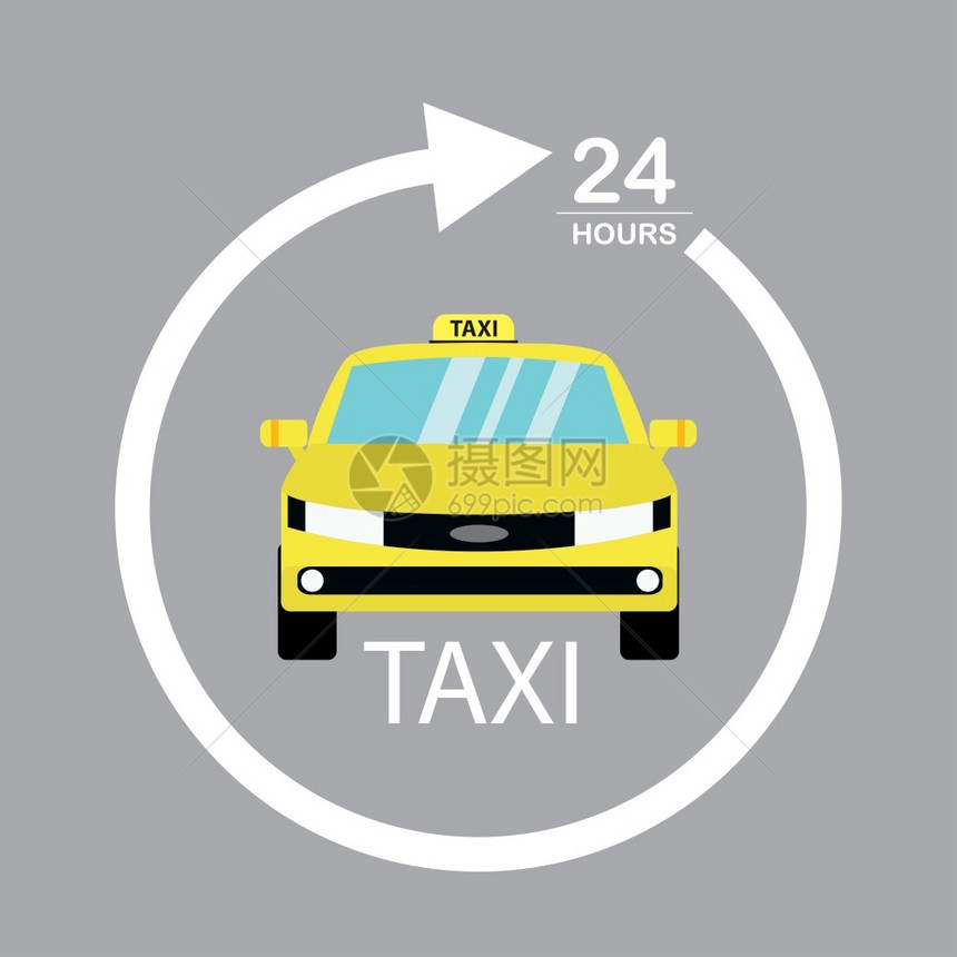 黄色汽车和出租服务24小时文本卡通矢量图图片