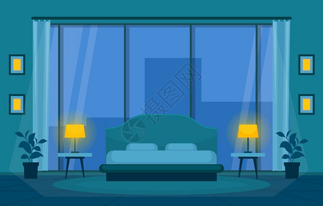木床枕头床头柜现代房屋室内设计插图插画