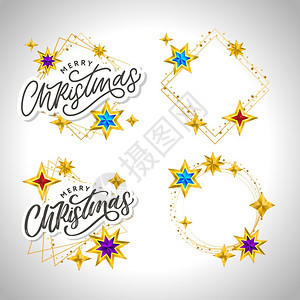 手写圣诞节手画字母的圣诞卡和深底星可爱假日框架可爱的假日金框背景插画