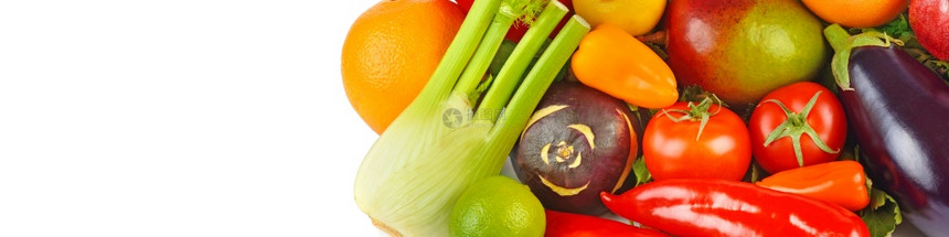 在白色背景上隔离的水果和蔬菜宽幅照片免费文本空间图片