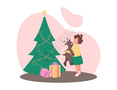 基督城在圣诞树前抱着玩偶的少女插图插画