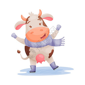 冰上滑的可爱卡通奶牛矢量插图图片