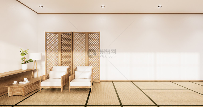 雅潘热带食用室和塔米垫地板上的白沙发日本人3d图片
