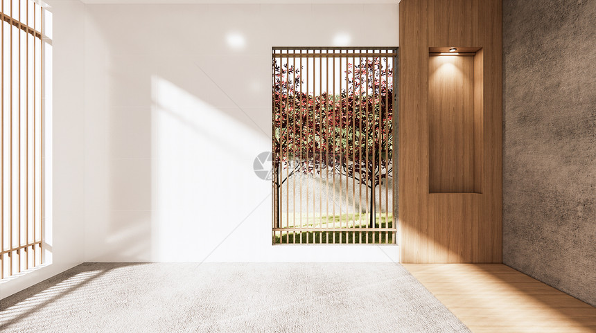 空房间的日本风格和灯光下架在墙壁上木制设计图片