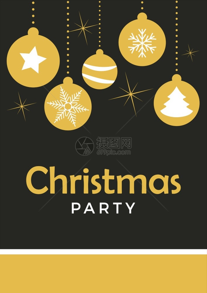 圣诞树上带球的派对邀请假日背景和反向风格的设计横幅黑色和金的矢量平板模图片