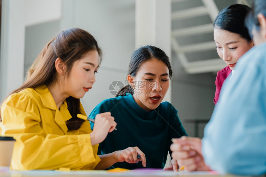 女实业家和聚集一堂思广益探讨创意网络设计规划应用并为小型办公室的移动电话项目开发模板布局图片