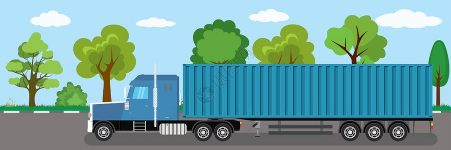蓝色容器卡车行驶在公路上插画