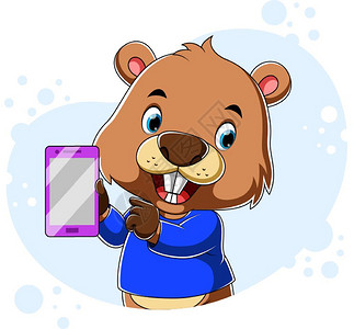 棕色的设备海狸手握着紫色智能机插画