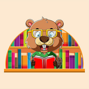 聪明的海狸用眼镜阅读和坐在图书馆里图片