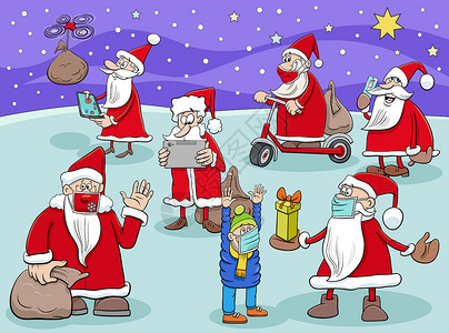 圣诞节时SantClus漫画人物组的插图图片