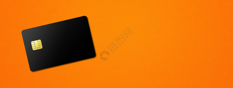 橙色背景横幅上的黑信用卡模板图片