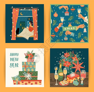 一套圣诞节和快乐的新年插图明亮的圣诞节符号甜蜜的家庭人矢量设计模板图片