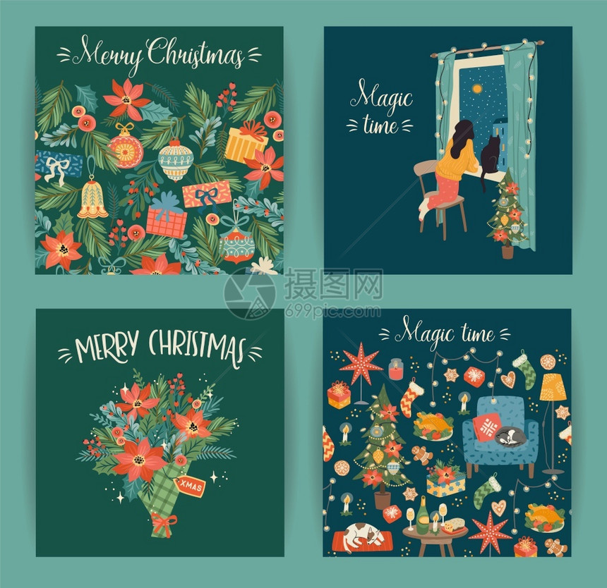 一套圣诞节和新年快乐卡片带有圣诞节符号甜蜜的家女人矢量设计模板图片