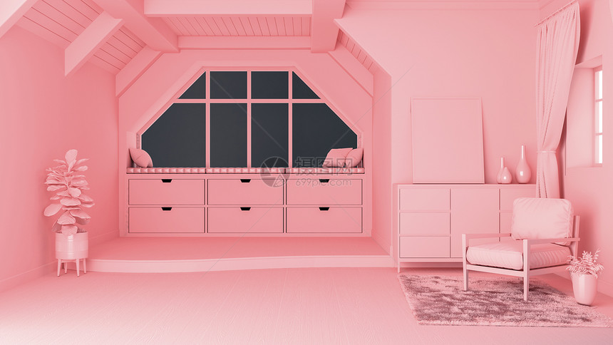 粉单质概念内室客厅有开放空间和拆分层楼3D图片