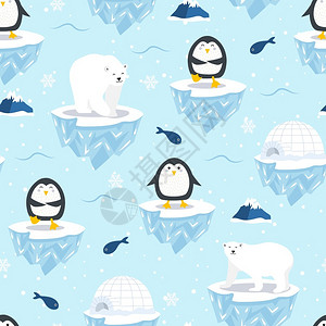 蓝色冰山圣诞节企鹅与北极熊插画
