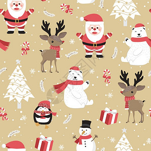 礼品包装纸圣诞节无缝模式有圣塔和驯鹿背景冬季模式有北极熊包装纸冬季问候网页背景圣诞节和新年贺卡插画