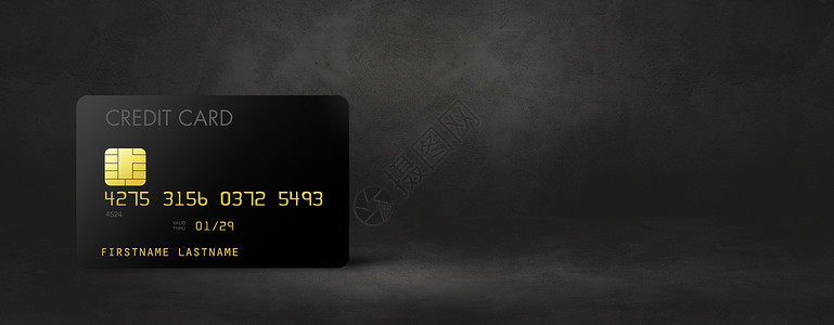 黑色混凝土背景横幅上的黑信用卡模板3d插图黑色混凝土背景上的黑信用卡背景