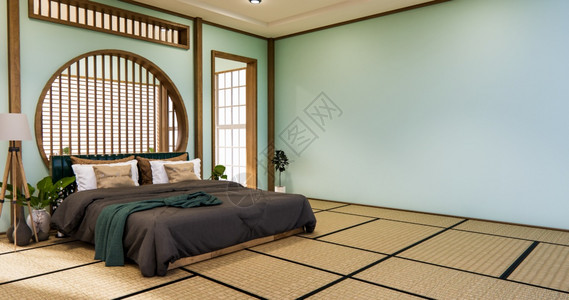 普塔米根在有塔米垫地板的日本迪斯根卧室架子墙上设计背景