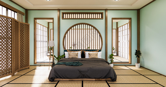 普塔米根在有塔米垫地板的日本迪斯根卧室架子墙上设计背景