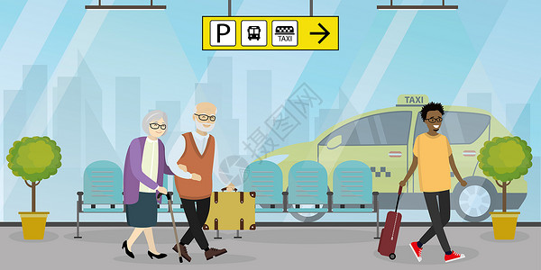 内地机场或车站抵达人乘坐出租车矢量图插画