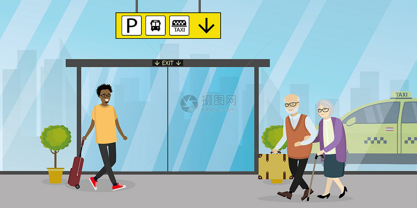 出口在终点站或有袋旅行和游概念的人有气袋矢量图示图片