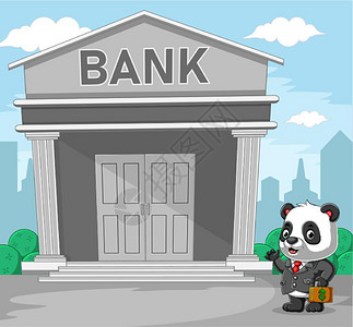 银行经理灰色套房的熊猫在银行门前拿着一袋钱插画
