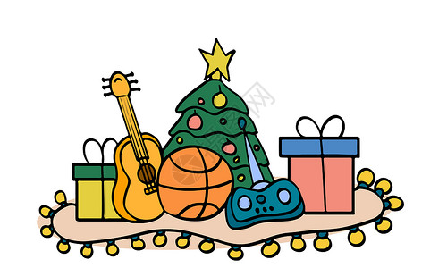 手工绘制的圣诞节玩具彩色涂鸦新年在树下的一礼物喜庆多彩矢量插图图片